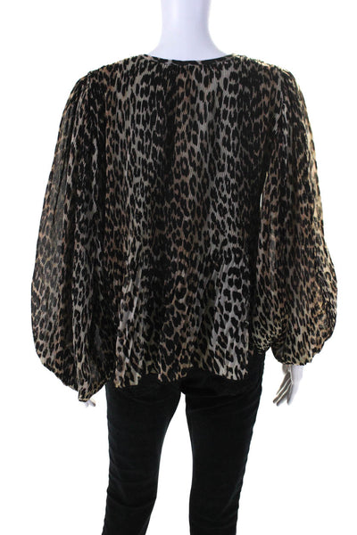 Ganni Women's Pleated Leopard Print V-Neck Long Sleeve Blouse Beige Size 36