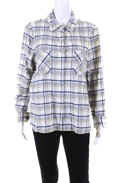 Drew Womens Long Sleeve Plaid Flannel Button Up Shirt Gray Yellow Navy Large