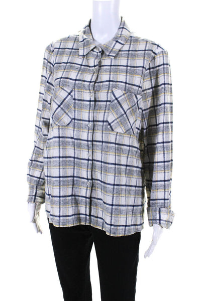 Drew Womens Long Sleeve Plaid Flannel Button Up Shirt Gray Yellow Navy Large