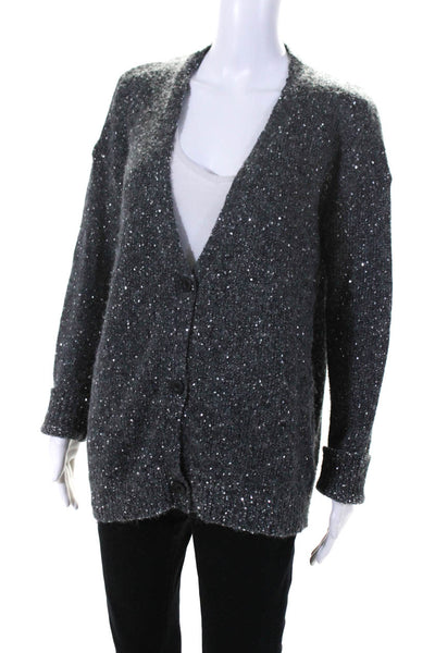 ATM Womens Button Front Boxy Sequin Knit Cardigan Sweater Gray Size Medium