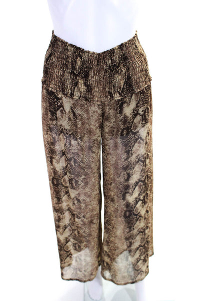 Enza Costa Womens Snakeskin Print Wide Leg Smocked Pants Brown Size 3