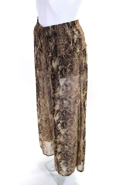 Enza Costa Womens Snakeskin Print Wide Leg Smocked Pants Brown Size 3