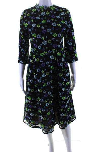 Oscar de la Renta Womens Sheer Hand Embroidered Floral Dress Black Multi Size 8