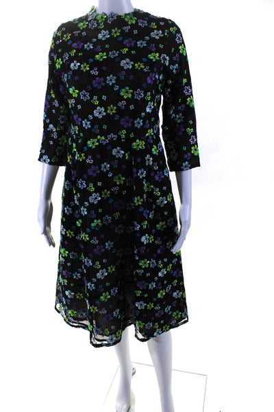 Oscar de la Renta Womens Sheer Hand Embroidered Floral Dress Black Multi Size 8