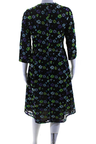 Oscar de la Renta Womens Sheer Hand Embroidered Floral Dress Black Multi Size 8