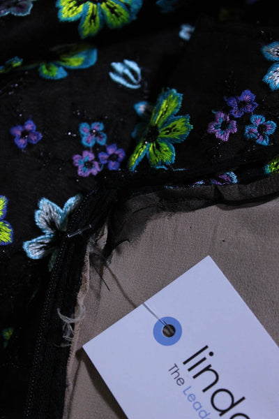 Oscar de la Renta Womens Sheer Hand Embroidered Floral Dress Black Multi Size 8