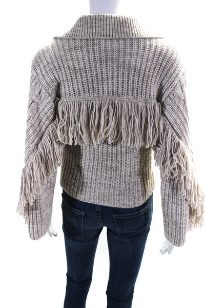 Jonathan Simkhai Womens Crochet Knit Fringe Collared V Neck Sweater Beige XS