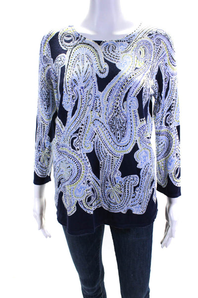 Belford Womens Cotton Abstract Print Long Sleeve Round Neck Top Blue Size M