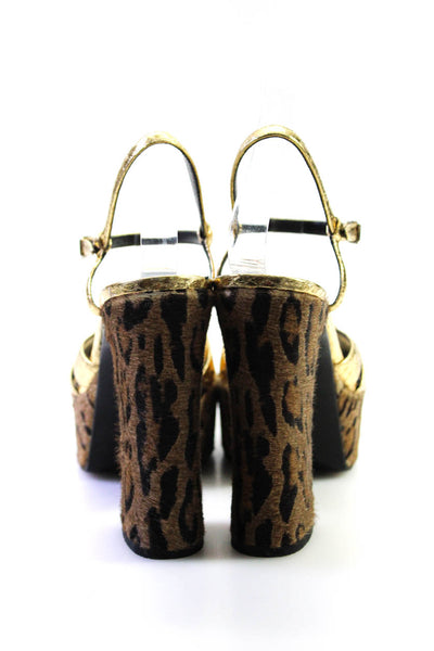 Saint Laurent Womens Leopard Print Pony Hair Platform Sandals Brown 38.5 8.5