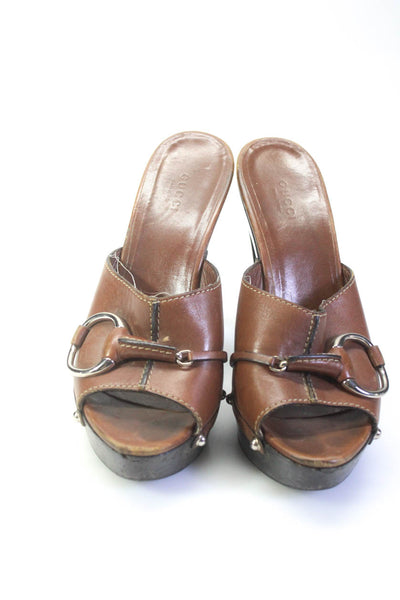 Gucci Womens Leather Platform Slide On Sandal Heels Brown Size 37 7