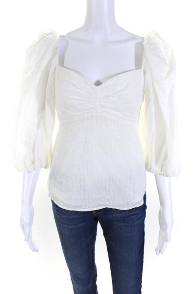ALC Womens Side Zip Puff Sleeve V Neck Striped Blouse White Cotton Size 6