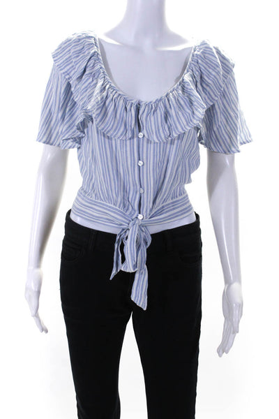 Free People Womens Striped Round Neck Ruffled Buttoned Blouse Top Blue Size XS
