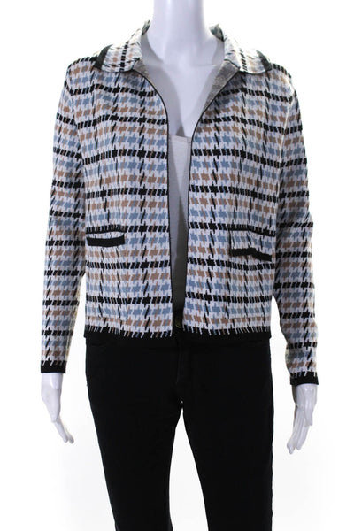 Tahari Womens Knitted Houndstooth Collared Open Front Cardigan Blue Size XS