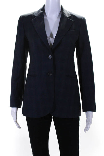 Theory Womens Plaid Two Button Blazer Jacket Blue Wool Blend Size 4
