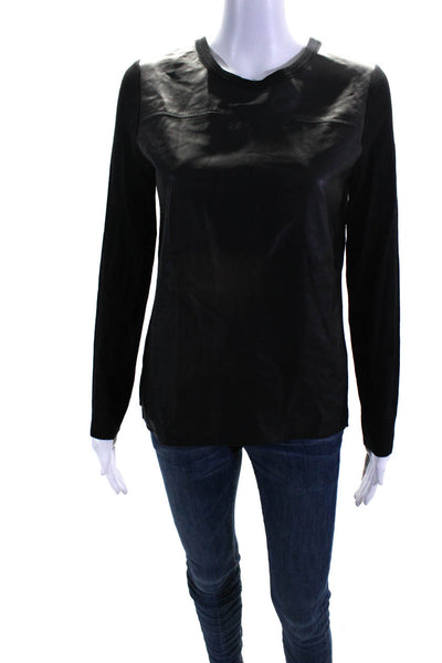 Vince Women's Leather Wool Combo Long Sleeve Ribbed Knit Blouse Black Size M