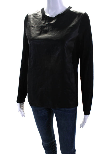 Vince Women's Leather Wool Combo Long Sleeve Ribbed Knit Blouse Black Size M
