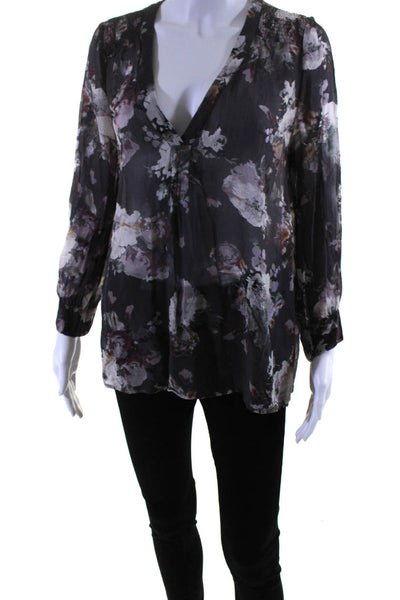Joie Womens Silk Floral Print V-Neck Long Sleeve Blouse Top Gray Size M