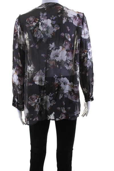 Joie Womens Silk Floral Print V-Neck Long Sleeve Blouse Top Gray Size M