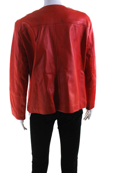 Magaschoni Womens Leather Full Zip Two Pocket Long Sleeve Jacket Orange Size M