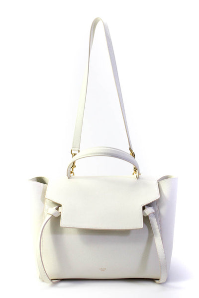 Celine Womens Grained Calfskin Mini Belt Bag Handbag White Gold Tone