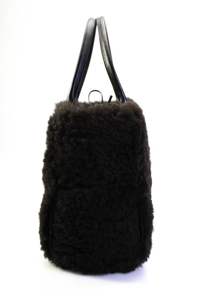 Bottega Veneta Womens Shearling Intrecciato Medium Arco Tote Handbag Dark Brown