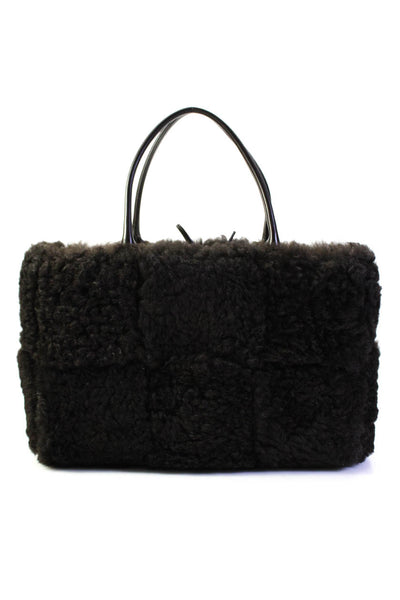Bottega Veneta Womens Shearling Intrecciato Medium Arco Tote Handbag Dark Brown