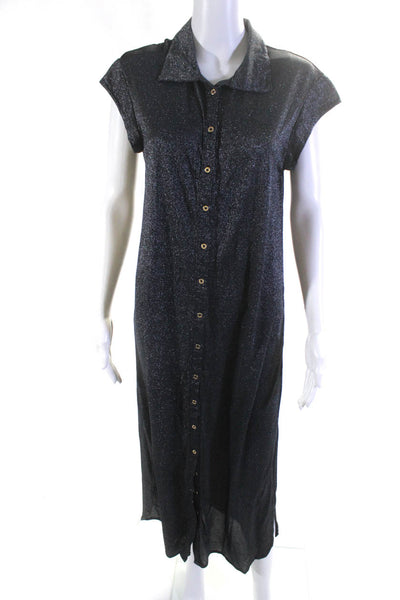 Revel Rey Swim Women's Short Sleeve Metallic Button Down Maxi Dress Gray Size M