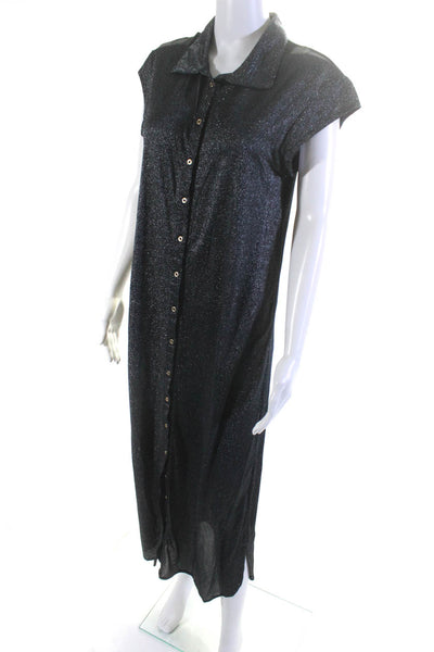 Revel Rey Swim Women's Short Sleeve Metallic Button Down Maxi Dress Gray Size M