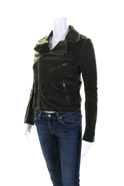 June Women's Velvet Distressed Asymmetric Moto Style jacket Green Size XS