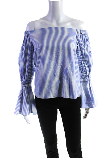 Alexis Womens Striped Flounce Long Sleeve Off-the-Shoulder Blouse Blue Size XS