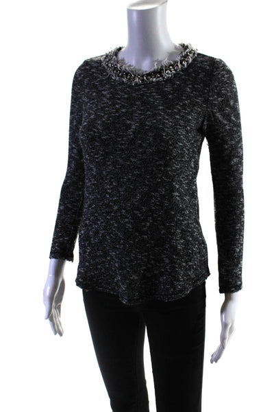 Rebecca Taylor Womens Cotton Fringed Jeweled Round Neck Sweater Black Size 0