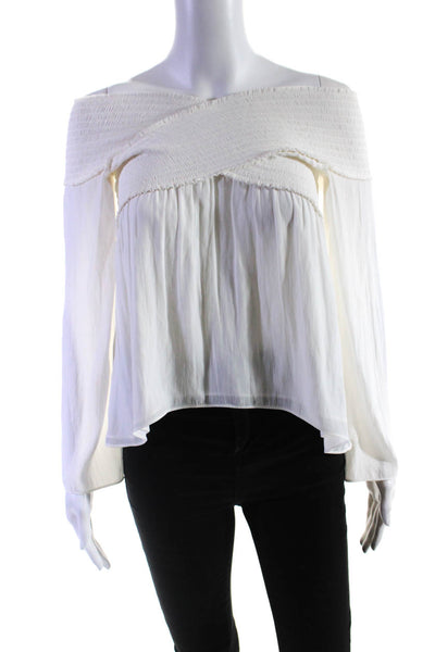 Ramy Brook Womens Crossed Strap Ruched V-Neck Long Sleeve Blouse White Size XS