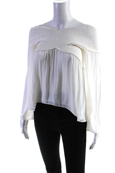 Ramy Brook Womens Crossed Strap Ruched V-Neck Long Sleeve Blouse White Size XS