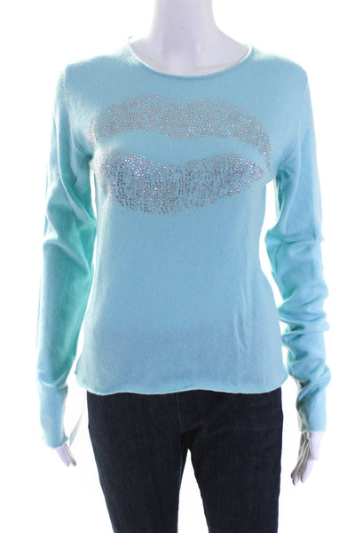 Lucien Pellat-Finet Womens Cashmere Jeweled Lip Sweater Blue Size Medium