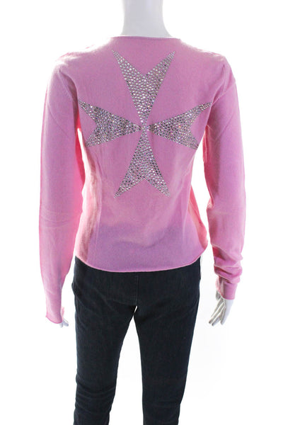 Lucien Pellat-Finet Womens Cashmere V Neck Jeweled Back Sweater Pink Size Medium