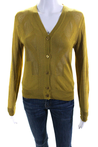 Rochas Womens Silk Thin Knit Long Sleeve Cardigan Sweater Yellow Size 44