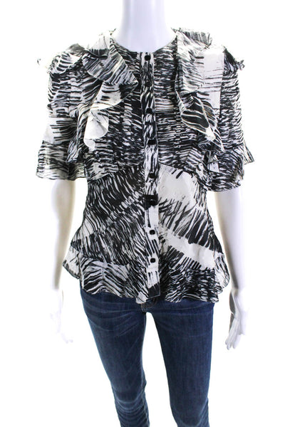 Carolina Herrera Womens Abstract Print Ruffled Button Up Top White Black Size 6