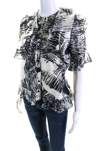 Carolina Herrera Womens Abstract Print Ruffled Button Up Top White Black Size 6