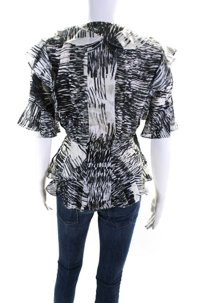 Carolina Herrera Womens Abstract Print Ruffled Button Up Top White Black Size 6