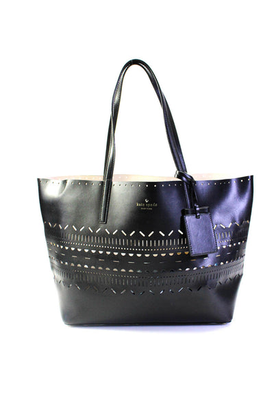 Kate Spade Womens Leather Textured Cut-Out Open Tote Handbag Black