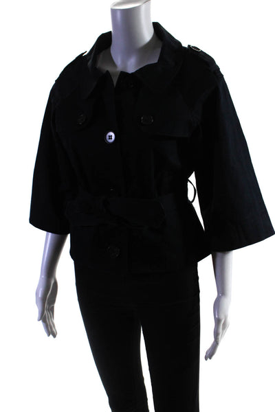 Theory Womens Cotton Buttoned Collared Long Sleeve Belted Blazer Navy Size M