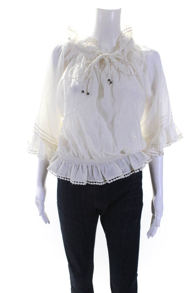 Secret Mission Womens Half Sleeve Eyelet Keyhole Sheer Top White Cotton Medium