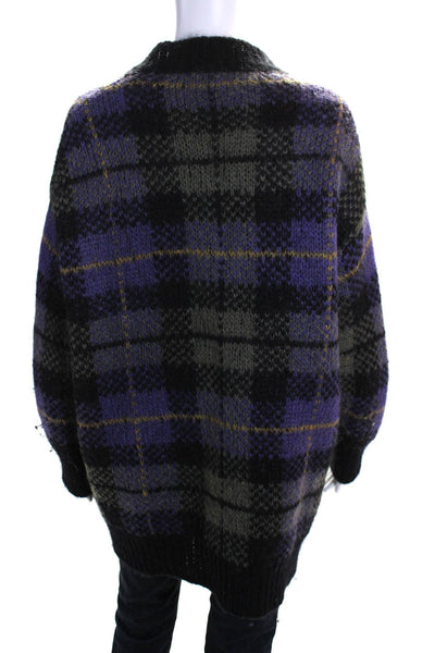 Parosh Womens Plaid Print Knitted Buttoned Long Sleeve Cardigan Purple Size M