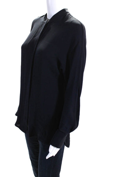 Theory Womens Button Front Long Sleeve Collarless Silk Shirt Navy Size Small