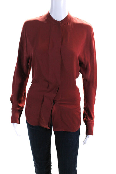 Theory Womens Long Sleeve Button Front Collarless Silk Shirt Red Size Small
