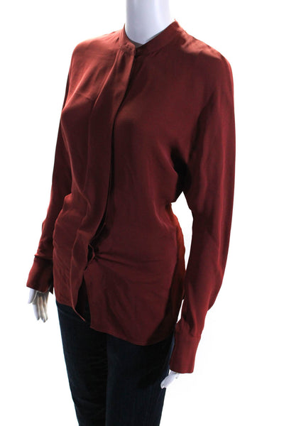 Theory Womens Long Sleeve Button Front Collarless Silk Shirt Red Size Small