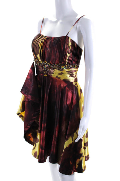 Tony Bowls Womens Abstract Print Jeweled A Line Dress Red Yellow Size 8