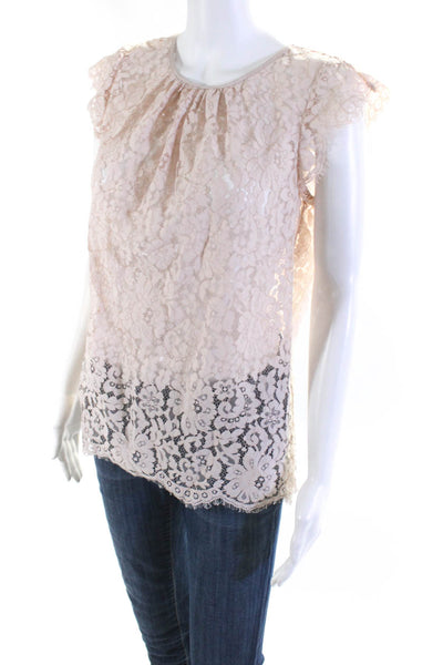 Joie Womens Sheer Floral Lace Round Neck Short Sleeve Blouse Top Pink Size S