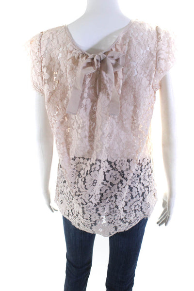 Joie Womens Sheer Floral Lace Round Neck Short Sleeve Blouse Top Pink Size S