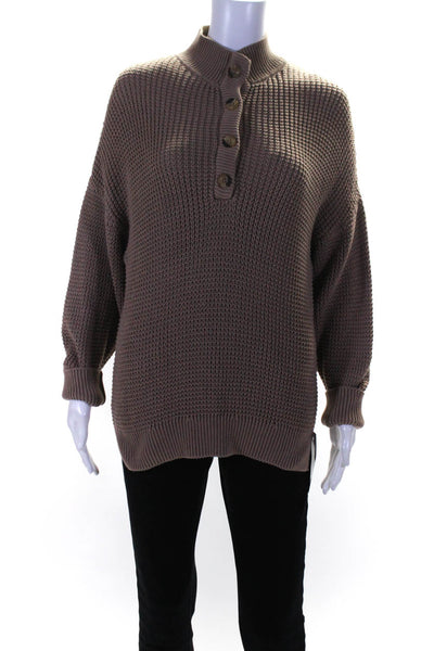 Able Womens Pullover Four Button Crew Neck Knit Sweater Brown Cotton Size Medium